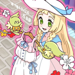 1girl :d absurdres blonde_hair blue_ribbon braid clothes_hanger comfey commentary_request day dress eyelashes gen_7_pokemon glowing green_eyes happy hat hat_ribbon highres hiyokko2min lillie_(pokemon) long_hair nintendo open_mouth outdoors pokemon pokemon_(creature) pokemon_sm ribbon sleeveless sleeveless_dress smile translation_request twin_braids unworn_dress white_dress
