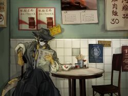 1boy arknights black_hair black_hat black_pants blonde_hair bowl calendar_(object) chair character_name chinese_commentary chopsticks closed_mouth commentary_request crossed_legs diner furry furry_male glk_sier gloves hat highres indoors lee_(arknights) medium_hair multicolored_hair newspaper no_smoking on_chair pants penguin_logistics_logo poster_(object) reading restaurant round_table sauce sitting solo soy_sauce_bottle sunglasses table tail tassel two-tone_hair yellow_gloves