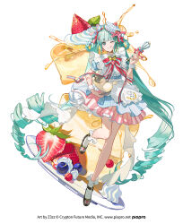 1girl ;q absurdly_long_hair apron aqua_eyes aqua_hair artist_name back_bow bare_legs batter black_shoes blue_dress blueberry blunt_bangs bow bowl braid braided_hair_rings cake cake_slice closed_mouth company_name copyright_notice dot_nose dress drill_hair eyelashes food food-themed_hair_ornament frilled_apron frilled_skirt frilled_socks frills fruit full_body hair_bow hair_ornament hair_rings hairclip hatsune_miku heart heart_print holding holding_bowl holding_whisk knees leg_up long_hair mary_janes miniskirt multiple_hair_bows official_art one_eye_closed pink_skirt pleated_skirt puffy_short_sleeves puffy_sleeves raspberry red_bow shoes short_dress short_sleeves simple_background single_stripe skirt skirt_under_dress smile socks solo standing strawberry striped_bow striped_clothes striped_dress striped_skirt tongue tongue_out twin_drills vertical-striped_clothes vertical-striped_dress vertical-striped_skirt very_long_hair vocaloid whisk white_apron white_background white_bow white_socks white_wrist_cuffs wrist_cuffs x_hair_ornament z3zz4