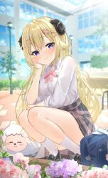 1girl absurdres ahoge animal_ears bag blonde_hair blush bow bowtie breasts closed_mouth collared_shirt curled_horns flower hai_0013 hair_ornament hairclip highres hololive horns large_breasts long_hair looking_at_viewer medium_breasts plaid_clothes plaid_skirt pleated_skirt purple_eyes ribbon school_bag school_uniform sheep sheep_ears sheep_girl sheep_horns shirt short_hair skirt smile socks solo tsunomaki_watame very_long_hair virtual_youtuber white_shirt white_socks