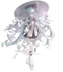 1girl absurdres black_skirt blue_eyes blue_hair detached_sleeves dongsen_xuntu flower full_body hair_ornament hatsune_miku highres holding holding_umbrella long_hair looking_at_viewer oil-paper_umbrella original pleated_skirt simple_background skirt socks solo standing twintails umbrella very_long_hair white_background
