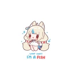 1girl absurdres ahoge animal_ear_fluff animal_ears blonde_hair blue_hair cat_ears chibi decrilus dress fins fish_tail highres indie_virtual_youtuber long_hair low_twintails multicolored_hair sameko_saba streaked_hair tail twintails very_long_hair virtual_youtuber white_background white_dress