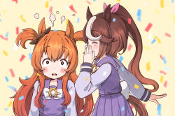 2girls ^_^ animal_ears blurry blurry_background blush blush_stickers bow brown_background brown_hair brown_ribbon closed_eyes commentary_request confetti depth_of_field ear_ribbon hair_ribbon hand_to_own_mouth hand_up highres horse_ears horse_girl horse_tail long_hair long_sleeves mayano_top_gun_(umamusume) multicolored_hair multiple_girls open_mouth orange_eyes orange_hair pink_ribbon pleated_skirt ponytail profile puffy_long_sleeves puffy_sleeves purple_shirt purple_skirt rakugakiraid ribbon school_uniform shirt simple_background skirt streaked_hair tail tokai_teio_(umamusume) tracen_school_uniform two_side_up umamusume very_long_hair white_bow white_hair wide-eyed