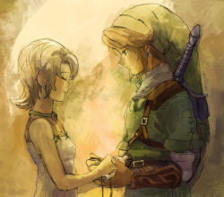 1boy 1girl bad_id bad_pixiv_id blonde_hair blue_eyes earrings closed_eyes gloves hat ilia jewelry link necklace nintendo pointy_ears smile sword the_legend_of_zelda the_legend_of_zelda:_twilight_princess weapon yo_mo
