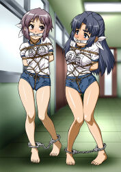 2girls absurdres arms_behind_back asakura_ryoko bdsm blue_eyes blue_hair blush bondage bound breasts brown_eyes buruma cleave_gag cloth_gag cuffs daikinbakuju full_body gag gagged gluteal_fold grey_hair gym_uniform highres improvised_gag karada legs long_hair multiple_girls nagato_yuki rope short_hair standing suzumiya_haruhi_no_yuuutsu