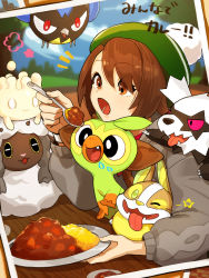 1girl blue_sky blurry blurry_background blush brown_eyes brown_hair cardigan cloud commentary_request curry curry_rice day depth_of_field food galarian_form galarian_zigzagoon gen_3_pokemon gen_8_pokemon gloria_(pokemon) green_headwear grey_cardigan grookey hair_between_eyes hat highres holding holding_plate holding_spoon long_sleeves milcery nima_(niru54) nintendo outdoors plate pokemon pokemon_(creature) pokemon_swsh puffy_long_sleeves puffy_sleeves rice rookidee sheep sky spoon star_(symbol) tam_o&#039;_shanter translation_request tree wooloo yamper zigzagoon