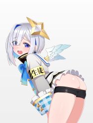 1girl absurdres amane_kanata amane_kanata_(1st_costume) angel_wings armband ass bent_over bike_shorts black_shorts blue_bow blue_bowtie blue_eyes blue_hair blush bow bowtie clothes_pull colored_inner_hair commentary dated_commentary feathered_wings from_side grey_hair grey_shirt halo highres hololive long_sleeves looking_at_viewer mingkozus mini_wings multicolored_hair open_mouth pink_hair sailor_collar shirt short_hair short_shorts shorts shorts_pull sidelocks single_hair_intake solo star_halo streaked_hair thighs virtual_youtuber white_sailor_collar wings yellow_armband