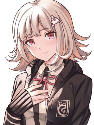 1girl absurdres black_jacket commentary danganronpa_(series) danganronpa_2:_goodbye_despair galaga hair_ornament hand_on_own_chest head_tilt highres hood hood_down hooded_jacket jacket long_sleeves nanami_chiaki neck_ribbon pink_eyes pink_hair pink_ribbon ribbon shirt short_hair simple_background sleeves_past_wrists smile solo spaceship_hair_ornament wanderstillart white_background white_shirt