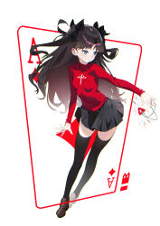 1girl absurdres ace_(playing_card) ace_of_diamonds black_hair black_skirt black_thighhighs blue_eyes breasts brown_shoes card closed_mouth command_spell cross cross_print diamond_(shape) fate/stay_night fate_(series) full_body gem highres jewelry koki_(user_caux4382) long_hair looking_to_the_side miniskirt outstretched_arm pendant playing_card pleated_skirt red_sweater shoes simple_background skirt small_breasts solo sweater thighhighs thighs tohsaka_rin turtleneck turtleneck_sweater two_side_up very_long_hair white_background zettai_ryouiki