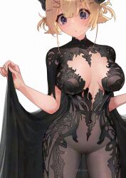 1girl animal_ears black_bodysuit black_dress black_horns black_veil blonde_hair bodysuit breasts chronopattern_dress cleavage cloak dress grey_eyes hair_ornament hairclip highres hololive horns looking_at_viewer meme_attire mochiyuki_(gigfor1) sheep_ears sheep_girl sheep_horns solo tsunomaki_watame veil virtual_youtuber
