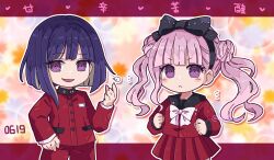 Rule 34 | 1boy, 1girl, :&lt;, black bow, black hairband, black sailor collar, blush stickers, bow, bowtie, brother and sister, clenched teeth, closed mouth, colored inner hair, commentary request, dated, deformed, double bun, gakuran, hair bun, hairband, hand on own hip, hand up, highres, jacket, kedamamax, long hair, multicolored hair, open mouth, outline, pants, pink hair, pleated skirt, purple eyes, purple hair, red jacket, red pants, red serafuku, red shirt, red skirt, sailor collar, school uniform, serafuku, shirt, short hair, siblings, skirt, smile, tareme, teeth, the hundred line -last defense academy-, translation request, tsukumo ima, tsukumo kako, tsurime, twins, twintails, two-tone hair, v-shaped eyebrows, white bow, white bowtie, white hair, white outline