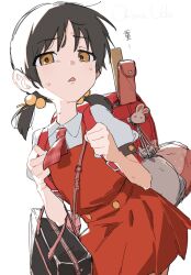 Rule 34 | 1girl, ascot, backpack, bag, bag charm, black hair, brown eyes, charm (object), commentary, dress, hair between eyes, hair bobbles, hair ornament, highres, kaai yuki, looking at viewer, low twintails, okima udo, randoseru, red ascot, red dress, school bag, shirt, short sleeves, short twintails, signature, simple background, skirt, solo, sweat, triangle mouth, twintails, vocaloid, white background, white shirt