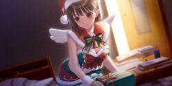 1girl alarm_clock averting_eyes bed bedroom bell blue_reflection_(series) blue_reflection_sun bow box breasts brown_eyes brown_hair capelet christmas cleavage clock closed_mouth cowboy_shot crop_top dark_room desk digital_clock dutch_angle fake_wings fur-trimmed_capelet fur-trimmed_headwear fur-trimmed_skirt fur_trim game_cg gift gift_box green_bow green_skirt hat highres holding holding_gift hoshizaki_ao indoors kishida_mel large_breasts layered_skirt leaning_forward midriff navel neck_bell non-web_source official_art open_door paper_stack red_capelet red_hat red_skirt santa_hat short_hair skirt small_sweatdrop solo striped_bow white_wings white_wrist_cuffs wings wooden_door wrist_cuffs