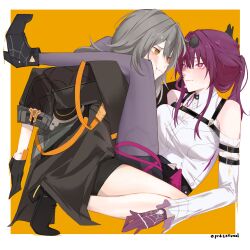 Rule 34 | 2girls, absurdres, arm strap, artist name, bare shoulders, between legs, black gloves, black jacket, blush, boots, breasts, chest harness, eyewear on head, glasses, gloves, grey hair, harness, high-waist shorts, high heel boots, high heels, highres, honkai: star rail, honkai (series), in container, jacket, kafka (honkai: star rail), long hair, medium breasts, multiple girls, pantyhose, pantyhose under shorts, pince-nez, ponytail, pr4cetamol, purple eyes, purple gloves, purple hair, purple pantyhose, shirt, shorts, skirt, spider web print, stelle (honkai: star rail), sunglasses, thigh strap, thighs, trailblazer (honkai: star rail), white shirt, yellow eyes, yuri