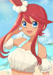 1girl :d aoneko4ao_(edwf7745) blue_eyes commentary_request cropped_shirt day eyelashes hair_ornament hand_up happy highres looking_at_viewer nintendo official_alternate_costume one_side_up open_mouth outdoors pokemon pokemon_masters_ex red_hair shirt shore sidelocks sky skyla_(pokemon) skyla_(summer_2025)_(pokemon) smile solo teeth upper_body upper_teeth_only water