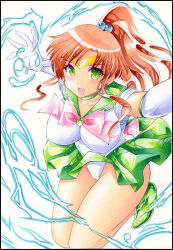 Rule 34 | 1girl, bishoujo senshi sailor moon, breasts, brown hair, covered erect nipples, earrings, electricity, gloves, green eyes, jewelry, kino makoto, large breasts, leotard, leotard peek, long hair, looking at viewer, magical girl, miniskirt, nightmare77zx, ponytail, sailor jupiter, skirt, white background