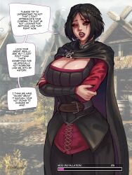 1girl absurdres artist_name black_cape black_hair black_nails black_pants braid breasts cape cleavage crossed_arms day english_text fingernails game_screenshot_background highres huge_breasts large_breasts open_mouth outdoors pants red_shirt screenshot_background serana sharp_fingernails shirt short_hair solo speech_bubble standing the_elder_scrolls the_elder_scrolls_v:_skyrim yellow_eyes zelhypno