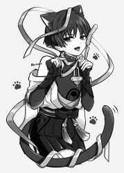 Rule 34 | 1boy, animal ear fluff, animal ears, armor, belt, blunt ends, bow, bridal gauntlets, cat boy, cat ears, cat tail, eyeliner, eyeshadow, fingernails, genshin impact, grey background, greyscale, hakama, hakama shorts, hands up, highres, hip vent, holding, holding toy, japanese armor, japanese clothes, juban, kimono, kote, light blush, looking at viewer, makeup, male focus, monochrome, natuo e, open clothes, open kimono, paw print, pleated shorts, red eyeliner, red eyeshadow, ribbon, rope, sash, scaramouche (genshin impact), short sleeves, shorts, single off shoulder, solo, spot color, tail, tassel, teeth, tongue, tongue out, toy, twitter username, upper teeth only, wanderer (genshin impact), wispy bangs