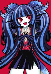 Rule 34 | 1girl, absurdres, animal hands, arms up, black hair, blue hair, brown shirt, claws, colored skin, commentary request, cowboy shot, dragon girl, dragon horns, dragon tail, fang, fins, head fins, highres, holding, holding own hair, horns, kakke666, korean commentary, long hair, looking at viewer, monster girl, multicolored hair, original, red background, red eyes, red vest, shirt, simple background, skin fang, skirt, slit pupils, solo, standing, streaked hair, striped clothes, striped vest, tail, twintails, very long hair, vest, white skin