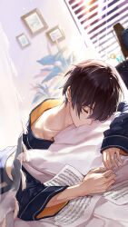 1boy ayn_alwyn black_hair black_pajamas black_pants black_shirt closed_eyes closed_mouth cowboy_shot cup curtains day drinking_glass hair_between_eyes highres indoors light_particles long_sleeves lovebrush_chronicles lying male_focus midriff_peek off_shoulder official_art on_bed on_stomach pajamas pants photo_(object) picture_frame pillow plant qinnye sheet_music shirt short_hair sleeping solo tassel see-through_curtains window_blinds