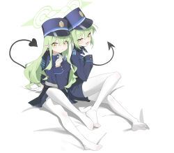 2girls :d absurdres armband black_shorts black_skirt black_tail blue_archive blue_armband commentary_request demon_tail fang full_body gloves green_hair green_halo hair_between_eyes halo hat highres hikari_(blue_archive) kaminari_(edeath) long_hair long_sleeves looking_at_viewer multiple_girls no_shoes nozomi_(blue_archive) on_bed open_mouth pantyhose peaked_cap pleated_skirt pointy_ears shorts siblings sisters skin_fang skirt smile tail twins twintails white_gloves white_pantyhose yellow_eyes