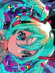 absurdres aqua_hair blonde_hair blue_eyes building choker city close-up closed_mouth collared_shirt grey_shirt hair_ornament hatsune_miku headset heart highres long_hair looking_away mixed-language_text momae_mac multicolored_hair night night_sky pink_heart rainbow shirt sky spiked_choker spikes translation_request twintails two-tone_hair vocaloid