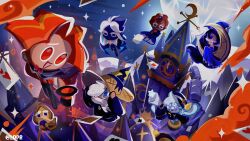 3girls 4boys :d absurdly_long_hair ace_(playing_card) ace_of_hearts artist_name bare_shoulders black_cape black_hair black_hat black_jacket black_robe blue-framed_eyewear blue_dress blue_eyes blue_hair blue_hat blue_skin blue_sky blueberry_pie_cookie blunt_ends brooch brother_and_sister brown_hair brown_robe buttons cape card cinnamon_cookie clock clock_tower closed_eyes closed_mouth colored_skin commentary cookie_run cookie_run:_kingdom cookie_run:_ovenbreak crescent curtained_hair dark-skinned_female dark_skin double-breasted double-parted_bangs dress elbow_gloves english_commentary facial_hair film_grain floating full_moon glasses gloves hair_between_eyes hair_ornament hair_over_one_eye hat heart highres holding holding_telescope hood hood_up hooded_robe jacket jewelry long_dress long_hair long_sleeves loprna low_twintails milky_way_cookie moon moonlight_cookie multicolored_hair multiple_boys multiple_girls mustache night one_eye_covered open_mouth orange_hair outdoors parted_bangs playing_card prophet_cookie red_eyes robe round_eyewear scarf shako_cap short_hair siblings sitting sky sleeves_past_fingers sleeves_past_wrists smile solid_oval_eyes sparkle star_(symbol) star_brooch star_hair_ornament stardust_cookie strapless strapless_dress telescope tower twintails two-tone_hair u_u very_long_hair white_gloves white_hair white_scarf white_skin wide_sleeves wizard_cookie wizard_hat