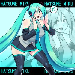 1girl alternate_breast_size aqua_eyes aqua_hair aqua_necktie beamed_eighth_notes bent_over black_skirt black_thighhighs breasts butter_sugoi character_name curvy detached_sleeves grey_shirt hatsune_miku headset highres large_breasts long_hair miniskirt musical_note necktie open_mouth pleated_skirt round_teeth shirt signature skirt sleeveless sleeveless_shirt smile solo spoken_musical_note teeth thighhighs thighs upper_teeth_only very_long_hair vocaloid