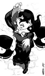 Rule 34 | absurdres, black hair, black shoes, black thighhighs, collar, dress, earrings, floor, gastly, gen 1 pokemon, ghost, greyscale, hex maniac (pokemon), hex maniac (pokemon legends: z-a), highres, jewelry, long dress, looking at viewer, looking up, mateus upd, monochrome, nintendo, open mouth, pokemon, pokemon legends: z-a, shoes, thighhighs, white collar