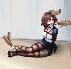 absurdres arms_behind_back ball_gag bdsm black_choker black_pantyhose blazer bondage bound bound_arms bound_legs breasts brown_hair censored choker collarbone collared_shirt cum cum_on_body cum_on_hair facial gag gagged highres idolmaster jacket kumachi_(aikawaakeya) medium_breasts mosaic_censoring office_lady pantyhose pencil_skirt pink_eyes restrained shibari shibari_over_clothes shirt short_hair sitting skindentation skirt teeth upper_teeth_only white_shirt