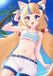 Rule 34 | 1girl, ahoge, animal ear fluff, animal ears, armpit peek, bare arms, bare shoulders, bikini, bikini under clothes, blonde hair, blue bikini, blue bow, blue hair, blue scrunchie, blue sky, blush, bow, breasts, cat ears, cloud, commentary, dress, english commentary, hair bow, highres, indie virtual youtuber, lifebuoy hair ornament, long hair, looking at viewer, low twintails, multicolored hair, navel, one side up, open mouth, palm tree, prophosphere, sameko saba, scrunchie, short shorts, shorts, sky, sleeveless, sleeveless dress, small breasts, smile, solo, streaked hair, swimsuit, tree, twintails, very long hair, virtual youtuber, white dress, white hair, white shorts