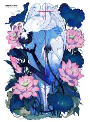 1girl absurdres ass bird_legs black_hair closed_eyes closed_mouth colored_skin completely_nude crrn feathered_wings flower highres lotus medium_hair multiple_wings nude original solo white_skin wings