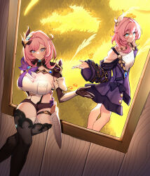 2girls absurdres black_gloves black_thighhighs blue_eyes breasts chinese_commentary coat commentary cyrene_(honkai:_star_rail) elf elysia_(honkai_impact) elysia_(miss_pink_elf)_(honkai_impact) gloves hair_ornament highres honkai:_star_rail honkai_(series) honkai_impact_3rd kugu_natie large_breasts looking_at_viewer medium_hair multiple_girls pink_hair pink_pupils pointy_ears purple_coat sitting smile thighhighs watermark