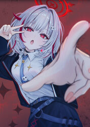 Rule 34 | absurdres, belt, black choker, black jacket, blue belt, blue necktie, blue skirt, choker, collared shirt, crosshair pupils, dtto., dtto. (2nd costume), earrings, facing viewer, hair ornament, halo, highres, jacket, jewelry, long sleeves, looking at viewer, mito soosu, multicolored hair, necktie, open clothes, open jacket, open mouth, red background, red eyes, red hair, red halo, reject (esports), shirt, short hair, simple background, single earring, skirt, skull hair ornament, skull ornament, v, virtual youtuber, white hair, white shirt