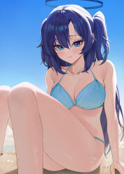 1girl alternate_costume bikini black_halo blue_archive blue_bikini blue_eyes blue_hair blue_sky blush breasts cleavage closed_mouth commentary commentary_request day feet_out_of_frame halo highres knees_together_feet_apart knees_up large_breasts long_hair looking_at_viewer mechanical_halo on_ground outdoors sitting sky solo starblue swimsuit symbol-only_commentary thighs two_side_up yuuka_(blue_archive)
