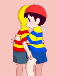2boys black_hair blonde_hair blush child elementary_schoolboy embarrassed grabbing_another&#039;s_leg hat leg_grab legs lucas_(mother_3) mother_(series) mother_2 mother_3 mrsksigure multiple_boys ness_(mother_2) nintendo short shorts shota super_smash_bros. sweat sweatdrop yaoi
