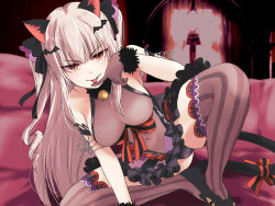 1girl :p animal_ears animal_print arm_strap assault_lily bare_shoulders bell black_leotard black_ribbon black_shoes black_skirt blurry blurry_background body_switch bow breasts brown_gloves brown_leotard brown_thighhighs cat_ears cat_girl cat_print cat_tail closed_mouth commentary_request commission couch covered_navel finger_to_mouth frilled_skirt frills fur-trimmed_gloves fur_trim gloves grey_hair hair_ribbon half-closed_eyes halloween_costume halterneck hand_up highres indoors jingle_bell kemonomimi_mode knee_up knees_out_of_frame knees_together_feet_apart large_breasts leaning_to_the_side leotard long_hair looking_at_viewer microskirt multicolored_leotard naughty_face neck_bell official_alternate_costume on_couch orange_bow orange_eyes personality_switch photo_background pixiv_commission print_shoes purple_skirt ribbon shoes sideboob sitting skirt smile solo striped_bow striped_clothes striped_thighhighs tada_shiera tail tail_bow tail_ornament thighhighs tongue tongue_out two-tone_bow two-tone_leotard two-tone_skirt two_side_up urutsu_sahari v-shaped_eyebrows vertical-striped_clothes vertical-striped_thighhighs very_long_hair