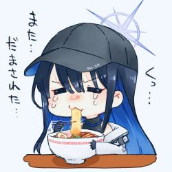 1girl :3 =_= baseball_cap black_gloves black_hair black_hat black_shirt blue_archive blue_eyes bowl chopsticks closed_eyes crop_top crying eating egg egg_(food) food gloves halo hat holding holding_chopsticks jacket long_hair long_sleeves noodles off_shoulder open_clothes open_jacket ramen saori_(blue_archive) shirt sleeveless sleeveless_shirt solo soup tears unaunacowa white_jacket