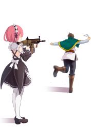 Rule 34 | 1boy, 1girl, aiming, black dress, black footwear, boots, bow, bow panties, brown footwear, brown hair, capelet, clothes theft, commentary, detached sleeves, dress, faceless, faceless female, flower, from behind, green capelet, gun, hair flower, hair ornament, highres, holding, holding unworn clothes, holding gun, holding panties, holding underwear, holding unworn clothes, holding weapon, isekai quartet, knee boots, kono subarashii sekai ni shukufuku wo!, loafers, long sleeves, motion blur, panties, pants, pantyhose, pink hair, ram (re:zero), re:zero kara hajimeru isekai seikatsu, roswaal mansion maid uniform, satou kazuma, shirt, shoes, short hair, simple background, standing, standing on one leg, theft, underwear, underwear theft, weapon, white background, white panties, white pantyhose, white shirt, wide sleeves, yasehattagi