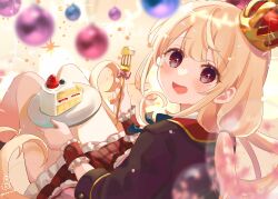 1girl :d black_jacket black_socks blonde_hair blurry blurry_foreground bow cake cake_slice commentary_request crown depth_of_field food fork frilled_skirt frills fruit futaba_anzu highres holding holding_fork holding_plate idolmaster idolmaster_cinderella_girls idolmaster_cinderella_girls_starlight_stage jacket long_hair long_sleeves looking_at_viewer looking_to_the_side low_twintails mini_crown open_mouth pink_bow plaid_clothes plaid_skirt plate red_eyes red_skirt rino_cnc skirt smile socks solo strawberry tilted_headwear twintails very_long_hair wrist_cuffs