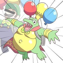 Rule 34 | 2boys, balloon, black eyes, blue overalls, bow, bowtie, bracelet, cape, censored, censored identity, crocodilian, crown, donkey kong (series), emphasis lines, fat, fat man, green hat, green shirt, hat, highres, jewelry, king k. rool, luigi, mario (series), mini crown, multiple boys, nintendo, open mouth, overalls, polka dot bowtie, red cape, shirt, super mario odyssey, wankosobatarou, white background