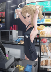 1girl absurdres ad adjusting_hair angel armpits arms_up ashal_(mansu) bag bikini black_bikini black_eyes black_jacket blonde_hair breasts cabinet candle card_reader cellphone chips_(food) closed_mouth commentary_request cracked_screen english_text expressionless fallen_angel food from_side halo highres jacket korean_text long_hair long_sidelocks looking_at_viewer mansu_(user_pnmp4287) medium_breasts microwave monitor naked_jacket neck_tattoo no_bra no_wings original phone poster_(object) reflection reflective_wall sale scissor_tattoo sideboob sidelocks skinny smartphone solo standing sticky_note storefront swimsuit tattoo traditional_halo tying_hair