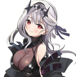 1girl bandaged_head bandages black_dress black_tiara blush breasts cleavage closed_mouth commentary dress english_commentary goddess_of_victory:_nikke grey_hair large_breasts long_hair modernia_(nikke) modernia_(second_affection)_(nikke) official_alternate_costume red_eyes ry_thae simple_background smile solo tiara upper_body white_background