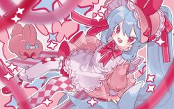 1girl animal_ear_hairband animal_ears apron argyle_clothes argyle_thighhighs asymmetrical_legwear blue_hair blush bonnet bow bowtie colored_eyelashes commentary dress fake_animal_ears fangs foot_out_of_frame frilled_apron frills hairband high_heels long_hair long_sleeves maid_apron mismatched_legwear open_mouth original ozureiji pink_bonnet pleated_dress puffy_long_sleeves puffy_sleeves rabbit_ears red_bow red_bowtie red_eyes red_hairband red_nails red_ribbon red_shoes ribbon shoes sitting skin_fangs smile socks socks_over_thighhighs solo stuffed_animal stuffed_rabbit stuffed_toy symbol-only_commentary thighhighs tsurime white_apron white_socks white_thighhighs