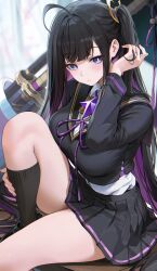 1girl ahoge black_hair black_sailor_collar black_shirt black_shoes black_skirt black_socks breasts bright_pupils chitose_(stella_sora) closed_mouth colored_inner_hair commentary desk hand_up highres large_breasts looking_at_viewer mole mole_under_eye multicolored_hair on_desk one_side_up pleated_skirt purple_eyes purple_hair re0n sailor_collar scabbard school_uniform sheath sheathed shirt shoes sitting skirt socks solo stella_sora sword thighs weapon white_pupils white_shirt