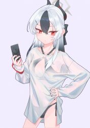 Rule 34 | 1girl, absurdres, aoore x64, bikini, black bikini, black bow, black hair, black horns, black nails, blue archive, bow, camera, closed mouth, commentary, demon horns, grey hair, hair between eyes, halo, hands on own hips, highres, holding, holding camera, horns, kayoko (blue archive), long hair, long sleeves, red eyes, see-through clothes, see-through shirt, shirt, solo, standing, swimsuit, symbol-only commentary, white shirt