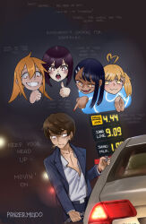 +_+ 1boy 4girls ahoge artist_name blonde_hair blush brown_hair buttons car cigarette closed_mouth commentary english_commentary english_text gamou_maki gas_pump gas_station grin hachiouji_naoto hair_between_eyes hair_ornament hairclip highres ijiranaide_nagatoro-san long_hair long_sleeves looking_away looking_to_the_side medium_hair meme motor_vehicle multiple_girls nagatoro_hayase night open_mouth orange_eyes orange_hair outdoors own_hands_clasped own_hands_together panzermeido partially_unbuttoned photo-referenced pointing pointing_at_another purple_hair sakura_(nagatoro) sanpaku smile upper_body with_a_car_you_can_go_anywhere_you_want_(meme) yellow_eyes yoshi_(nagatoro)