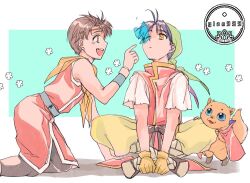 2boys animal antenna_hair artist_name bandana black_hair black_pants blue_eyes brown_eyes brown_hair bug butterfly butterfly_on_nose cape circlet closed_mouth gensou_suikoden gensou_suikoden_ii gloves gold_trim green_background green_bandana indian_style insect kneeling looking_at_another male_focus menosgland multiple_boys neckerchief open_mouth pants red_cape red_tunic riou_(suikoden) sitting smile tir_mcdohl tunic yellow_gloves yellow_neckerchief yellow_pants