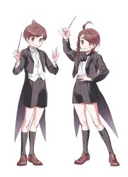1boy 1girl absurdres black_suit braid brown_eyes brown_hair collared_shirt conductor conductor_baton florian_(pokemon) formal_clothes highres holding holding_baton jacket juliana_(pokemon) long_hair long_sleeves nintendo pokemon pokemon_sv shirt short_hair shorts simple_background smile standing suit tut_nin