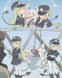 3girls 3others :d ^_^ absurdres akiyusa animal_ears bar_censor black_shorts black_skirt blue_archive blue_background blush censored closed_eyes commentary crossover demon_tail english_commentary fang gradient_background green_hair green_halo halo highres hikari_(blue_archive) indie_virtual_youtuber kinni long_hair multiple_girls multiple_others nozomi_(blue_archive) open_mouth pantyhose pleated_skirt pointy_ears rabbit_ears rabbit_girl restrained shorts skin_fang skirt smile standing tail twintails virtual_youtuber white_hair white_pantyhose yellow_eyes